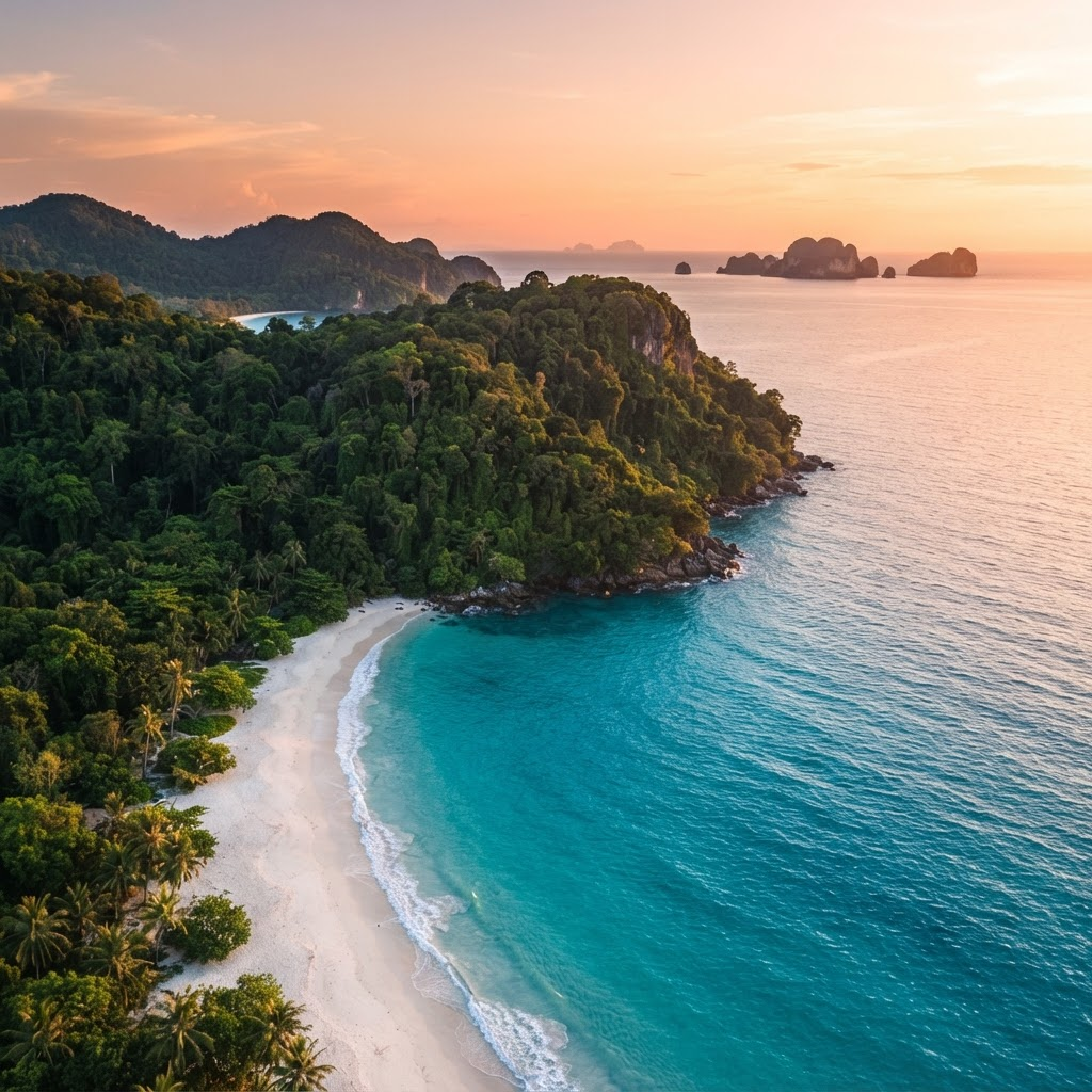 Forested coastline and calm sea at golden hour