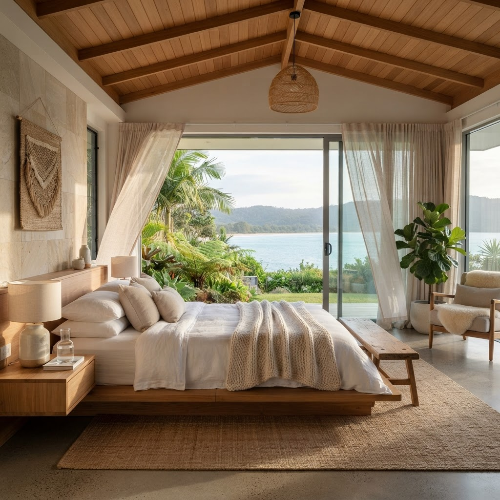 Master suite with morning light and sea view