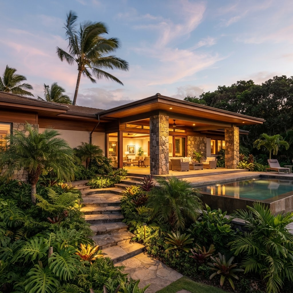Villa exterior at dusk with pink sky