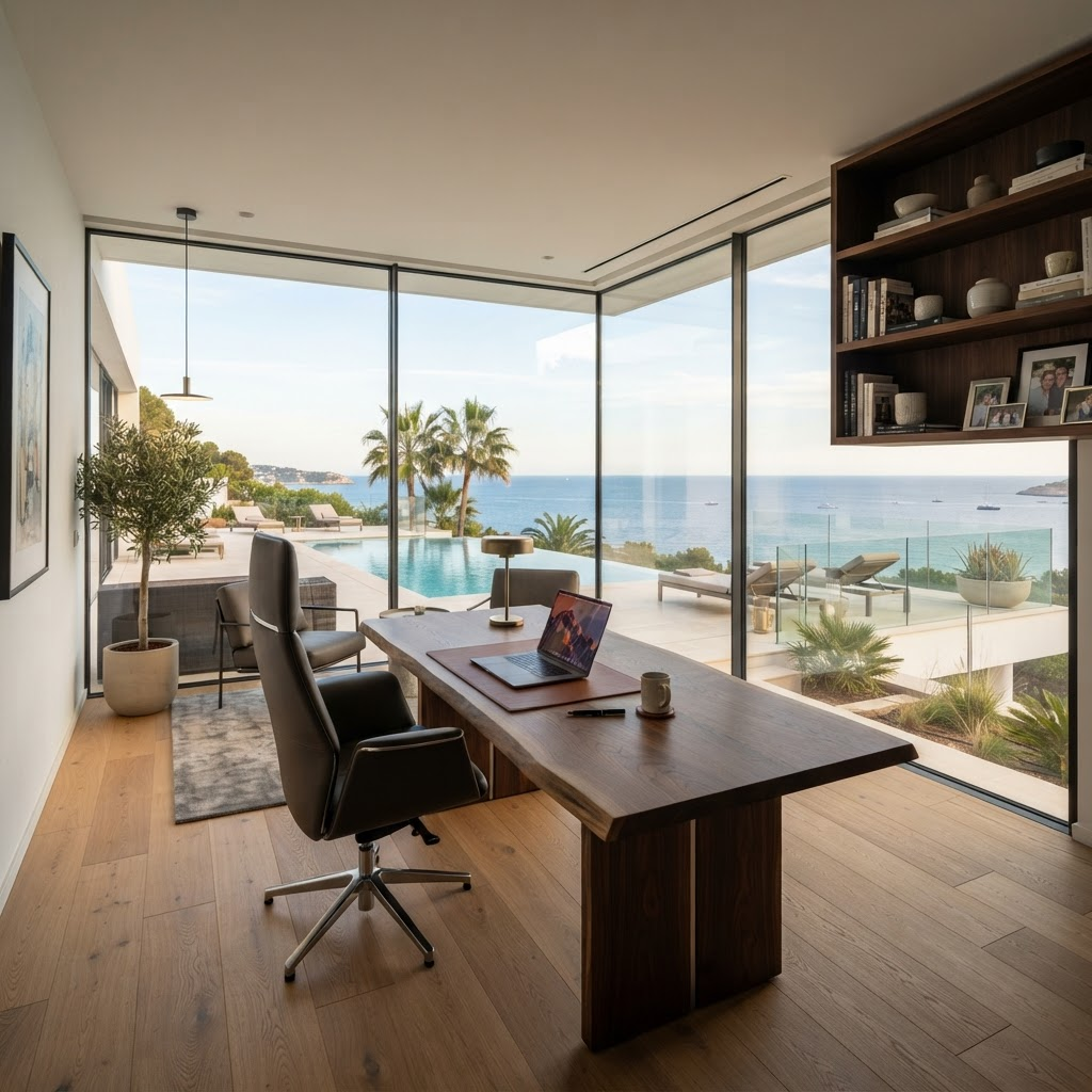 Panoramic sea-view home office with a large timber desk