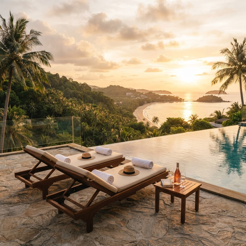 Poolside loungers overlooking a green hillside and sea